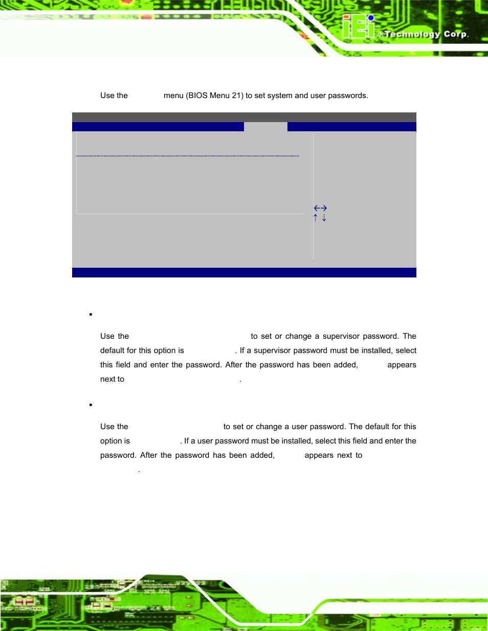 6 security, Ecurity, Bios menu 21: security | IEI Integration EP-308A v1.12 User Manual | Page 73 / 102