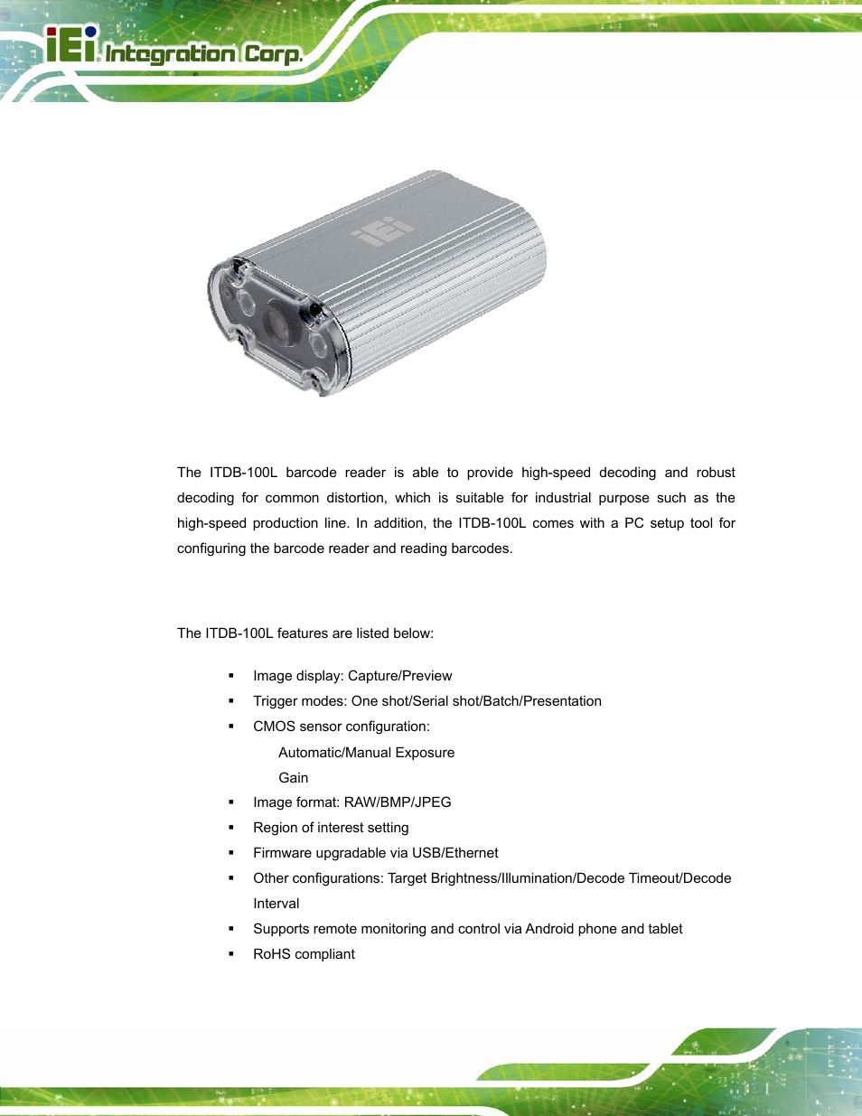 1 overview, 2 features, Verview | Eatures, Figure 1-1: itdb-100l | IEI Integration ITDB-100L User Manual | Page 11 / 87