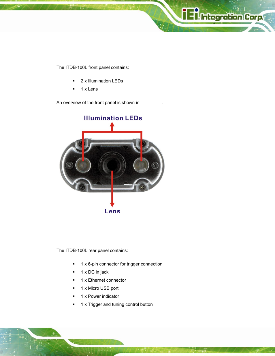 3 external overview, 1 front panel, 2 rear panel | Xternal, Verview, Figure 1-2: itdb-100l front panel | IEI Integration ITDB-100L User Manual | Page 12 / 87