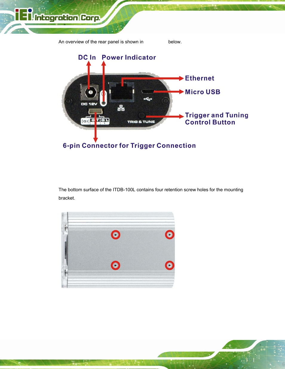 3 bottom surface, Figure 1-3: itdb-100l rear panel, Figure 1-4: itdb-100l bottom surface | IEI Integration ITDB-100L User Manual | Page 13 / 87