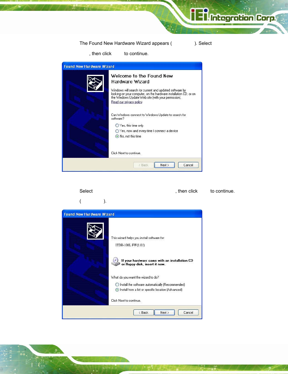 Figure 4-2: found new hardware wizard, Figure 4-3: install from specific location | IEI Integration ITDB-100L User Manual | Page 38 / 87