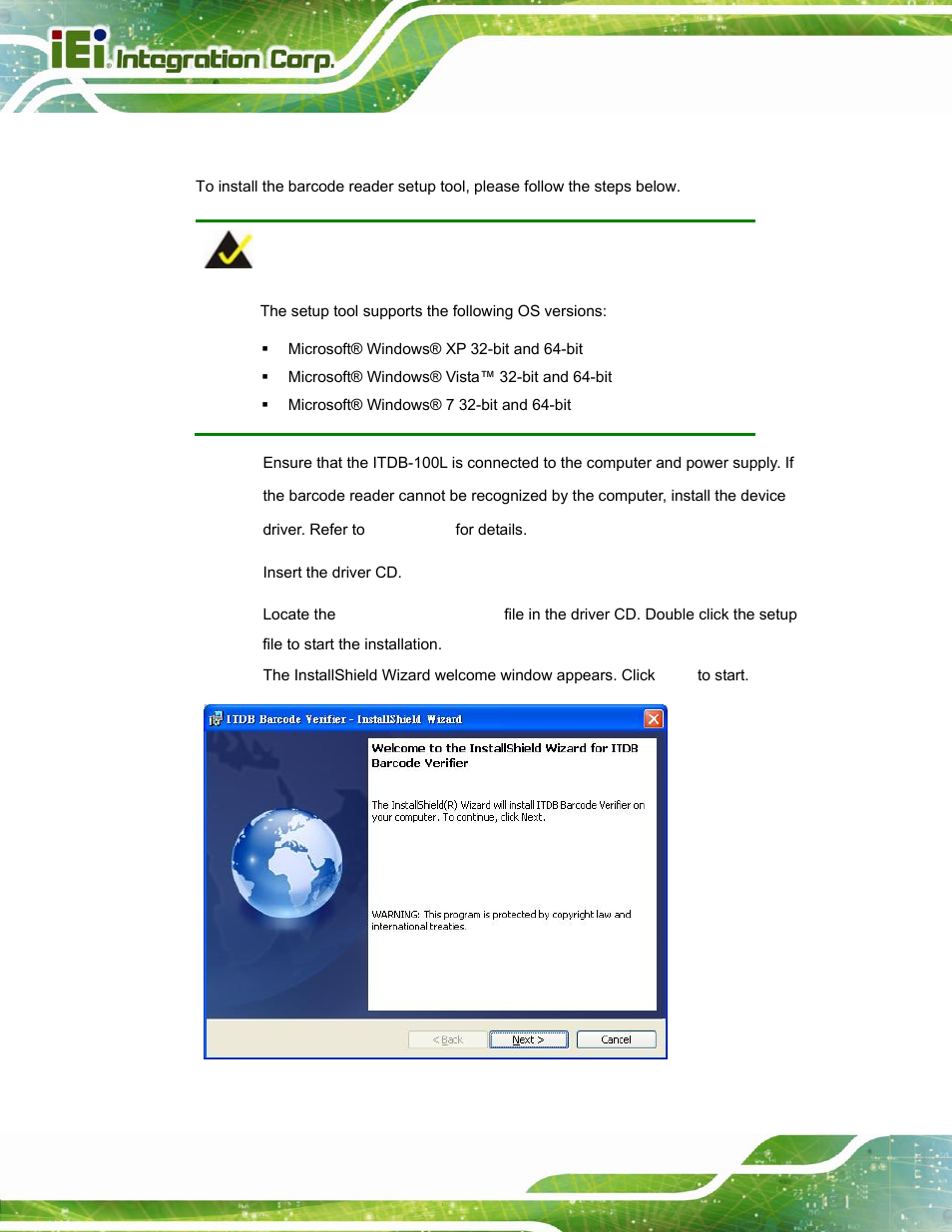 3 setup tool installation, Etup, Nstallation | Figure 4-7: installshield wizard | IEI Integration ITDB-100L User Manual | Page 41 / 87