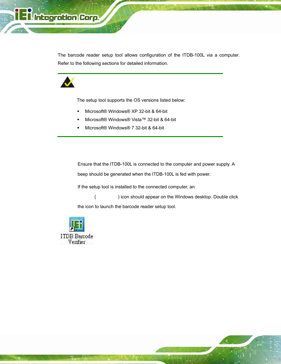 1 overview, 2 launching the setup tool, Verview | Aunching the, Etup, Figure 5-1: setup tool icon | IEI Integration ITDB-100L User Manual | Page 45 / 87