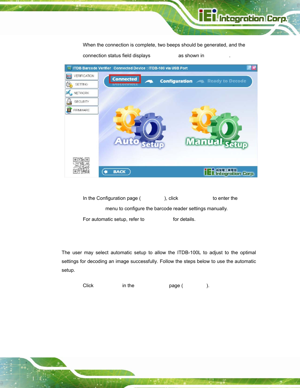 5 automatic setup, Utomatic, Etup | Figure 5-5: connection status | IEI Integration ITDB-100L User Manual | Page 48 / 87