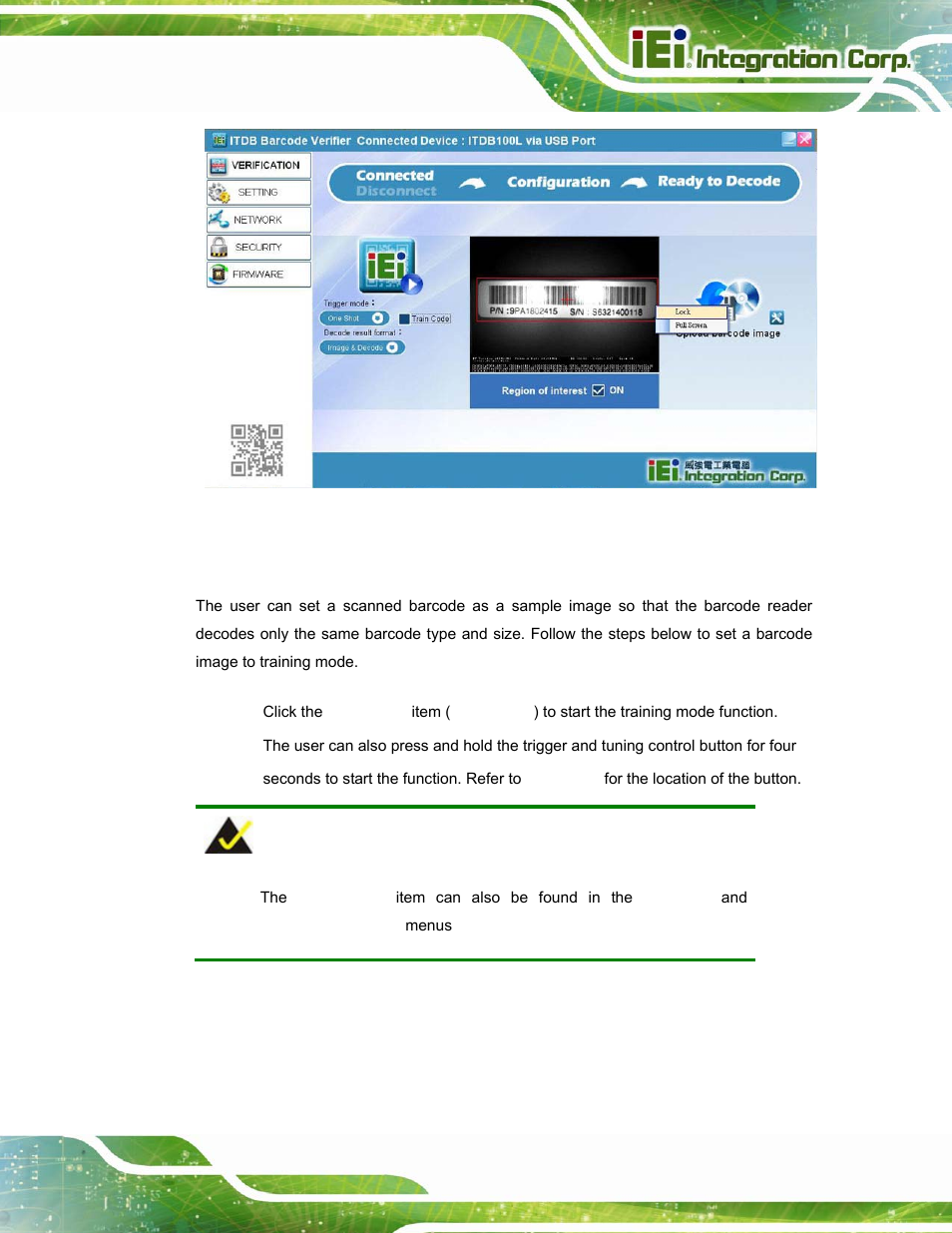 2 training mode, Figure 5-11: locking the roi setting | IEI Integration ITDB-100L User Manual | Page 52 / 87