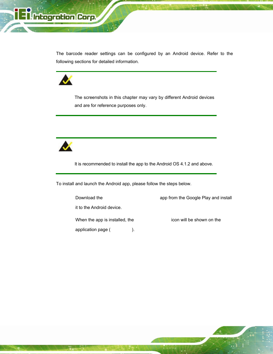 1 overview, 2 installing and launching the android app, Verview | Nstalling and, Aunching the, Ndroid | IEI Integration ITDB-100L User Manual | Page 65 / 87