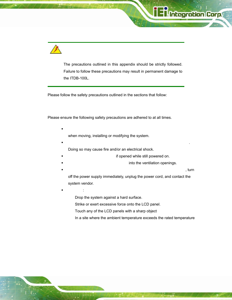 A.1 safety precautions, A.1.1 general safety precautions, Afety | Recautions | IEI Integration ITDB-100L User Manual | Page 80 / 87