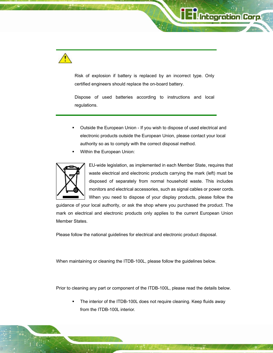 A.1.3 product disposal, A.2 maintenance and cleaning precautions, A.2.1 maintenance and cleaning | Aintenance and, Leaning, Recautions | IEI Integration ITDB-100L User Manual | Page 82 / 87