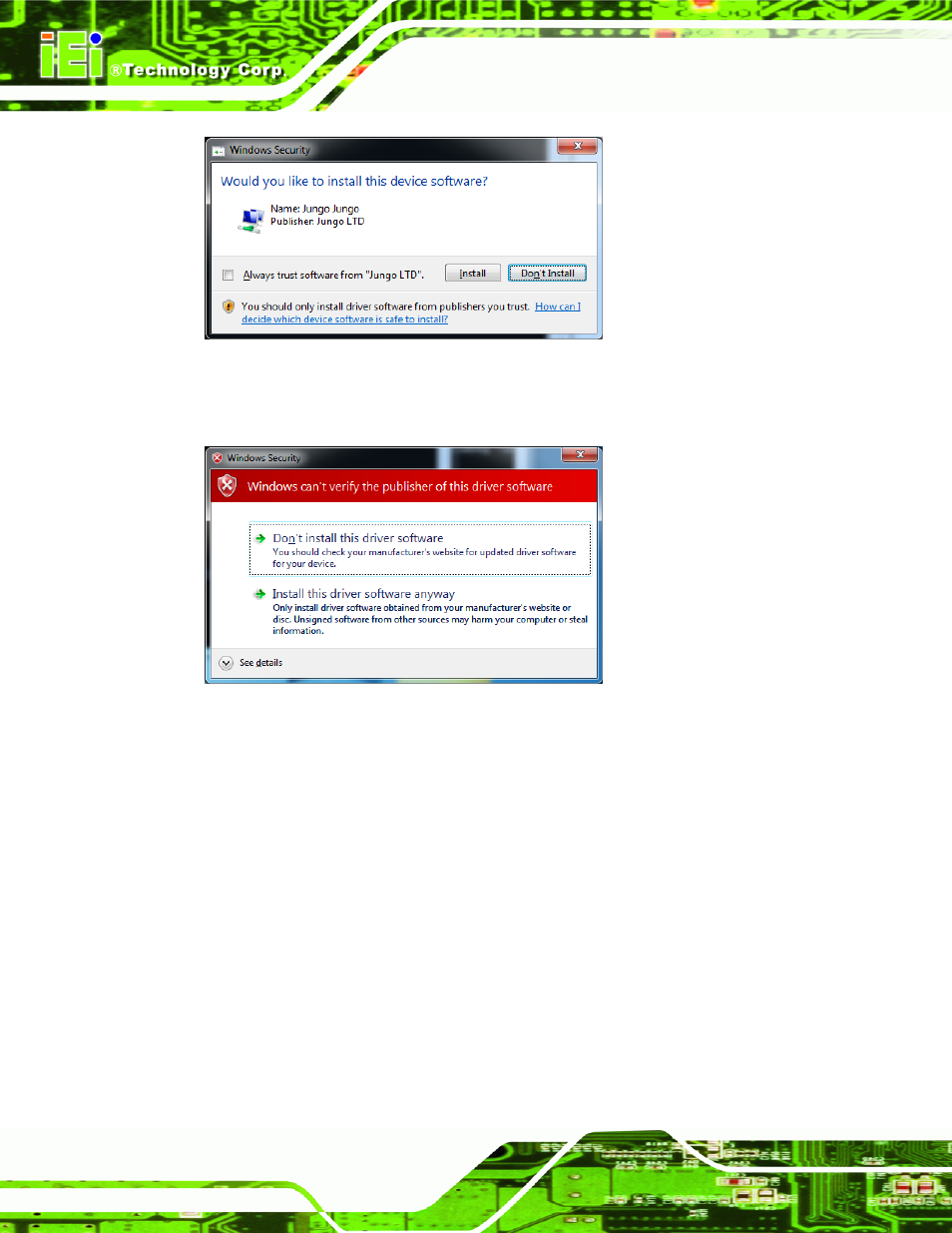 Figure 3-1: windows security, Figure 3-2: windows warning window | IEI Integration HDC-502E User Manual | Page 21 / 40