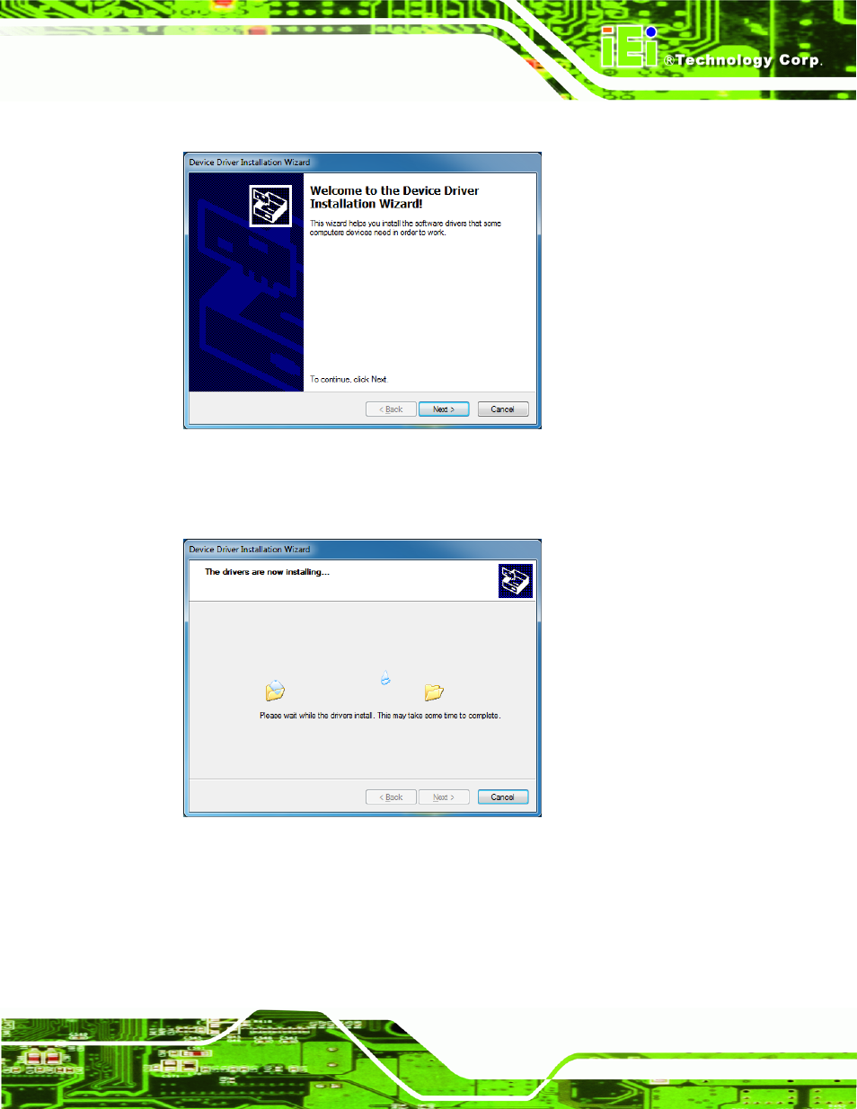 Figure 3-3: device driver installation wizard, Figure 3-4: driver installing | IEI Integration HDC-502E User Manual | Page 22 / 40