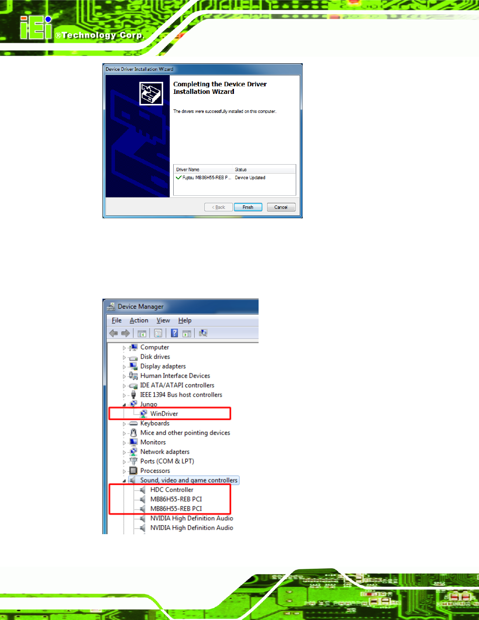 Figure 3-5: driver installation complete, Figure 3-6: device manager | IEI Integration HDC-502E User Manual | Page 23 / 40