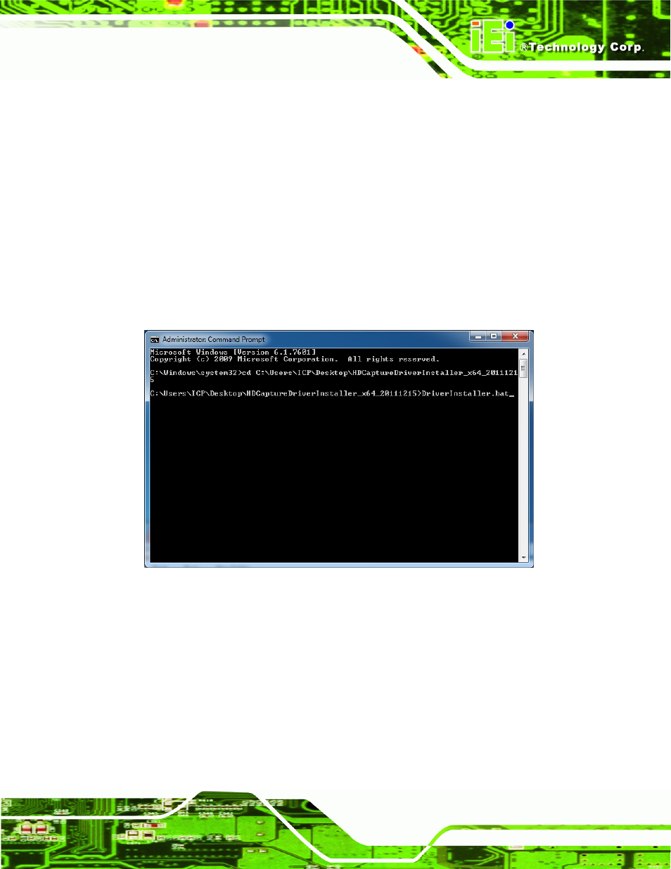 1 driver installation in 64-bit windows 7 os, Figure 3-7: command prompt – driver installation | IEI Integration HDC-502E User Manual | Page 24 / 40