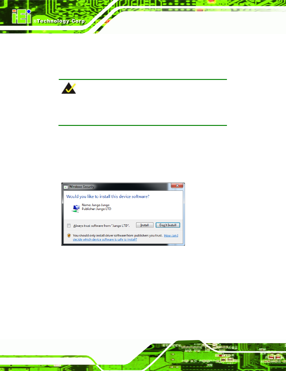 2 driver installation, River, Nstallation | Figure 3-1: windows security | IEI Integration HDC-4x-Series User Manual | Page 25 / 65