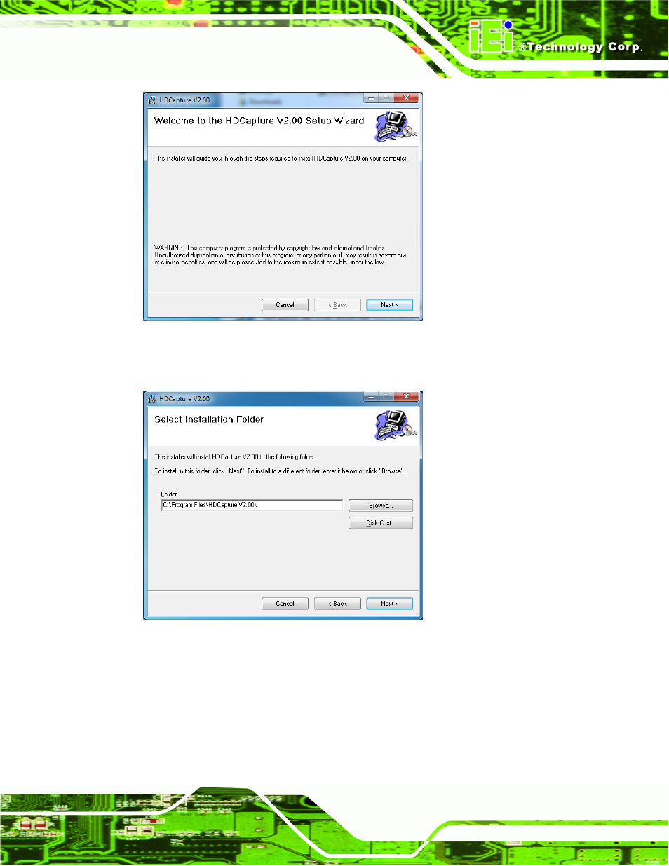 Figure 3-7: hdcapture setup wizard, Figure 3-8: select installation folder | IEI Integration HDC-4x-Series User Manual | Page 30 / 65