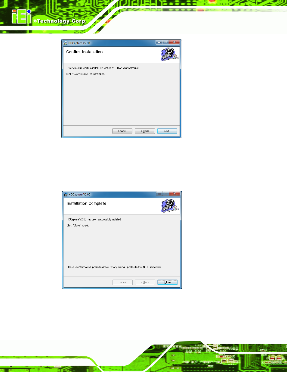Figure 3-9: confirm installation, Figure 3-10: installation complete | IEI Integration HDC-4x-Series User Manual | Page 31 / 65