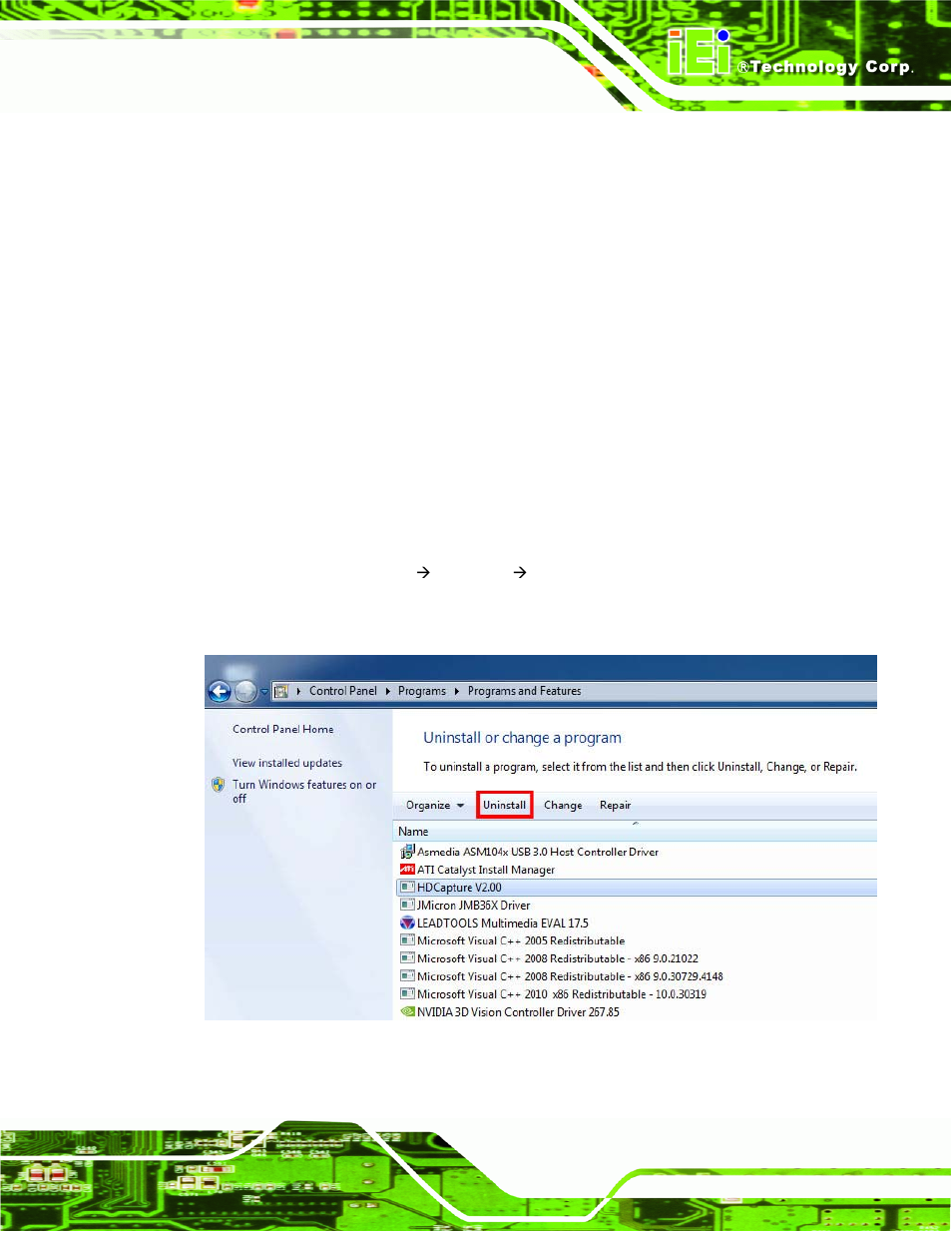 4 video bypass, 5 uninstall hdcapture, Ideo | Ypass, Ninstall, Apture, Figure 4-5: uninstall hdcapture | IEI Integration HDC-4x-Series User Manual | Page 38 / 65