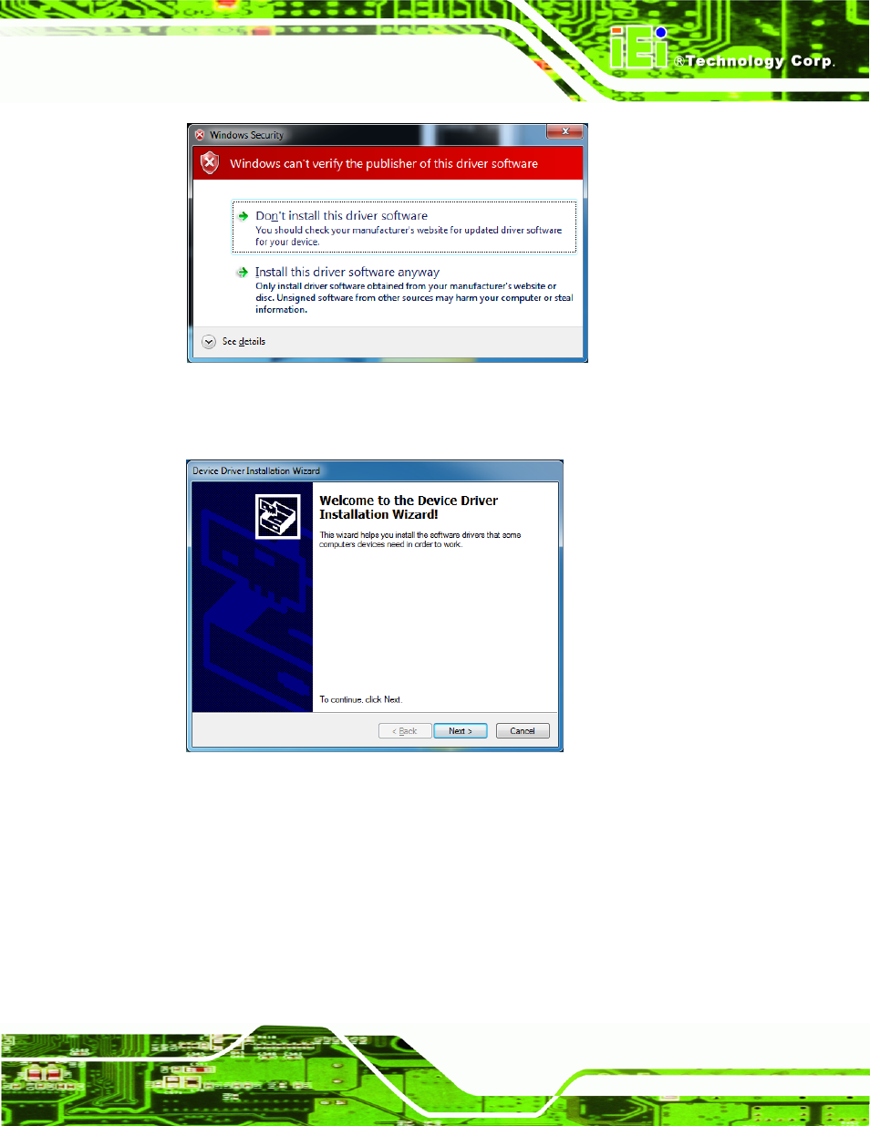 Figure 3-2: windows warning window, Figure 3-3: device driver installation wizard | IEI Integration HDC-3x-Series User Manual | Page 33 / 61