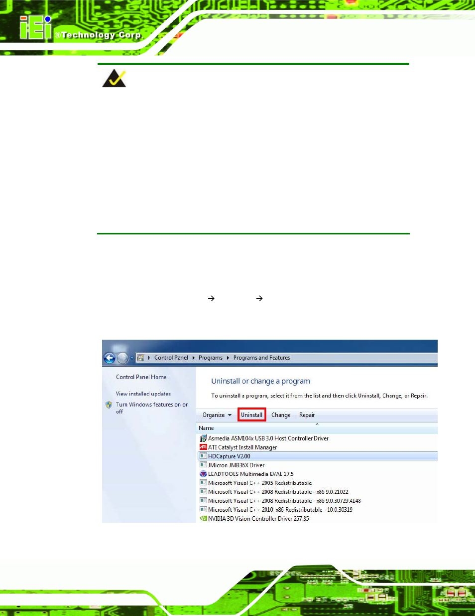 5 uninstall hdcapture, Ninstall, Apture | Figure 4-10: uninstall hdcapture | IEI Integration HDC-3x-Series User Manual | Page 54 / 61