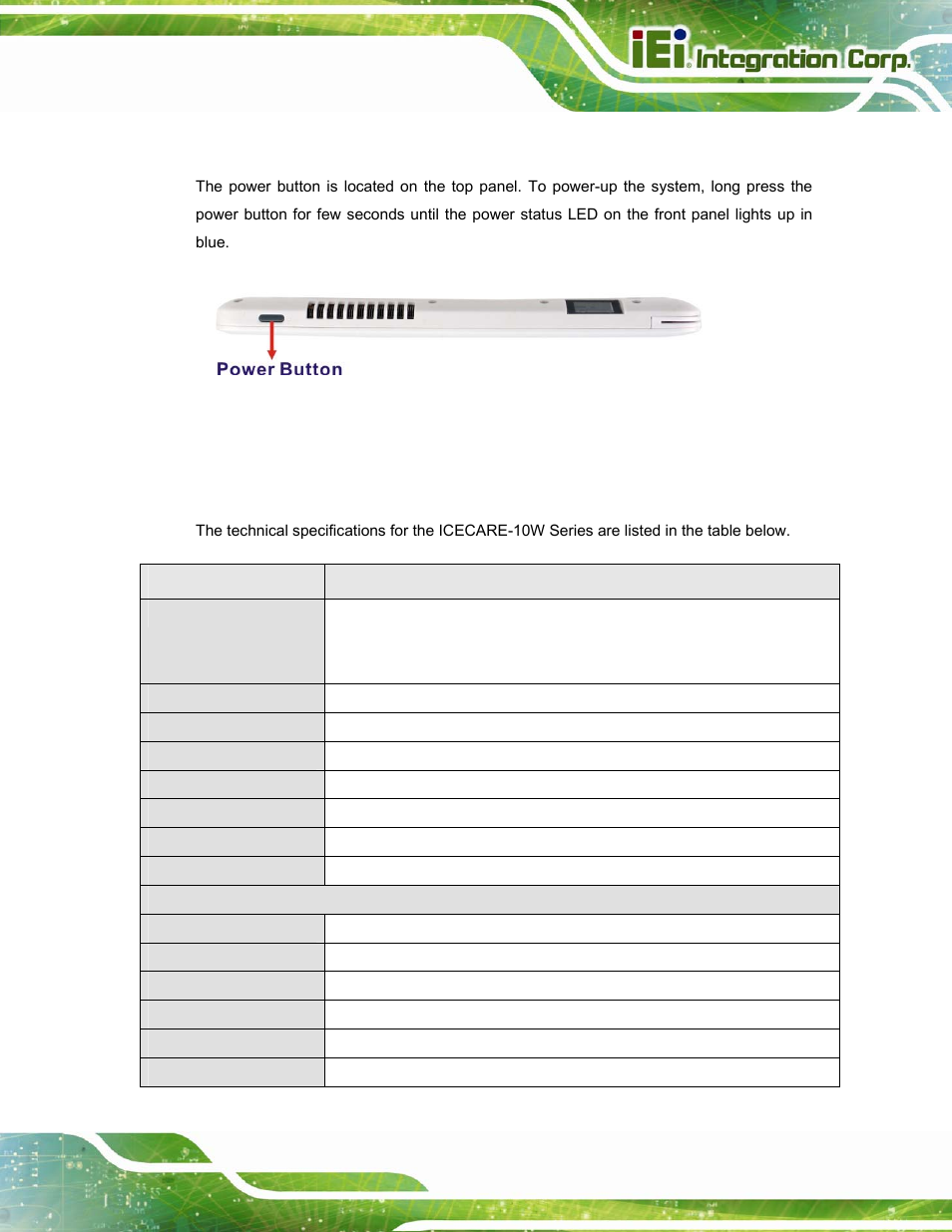 7 top panel, 8 technical specifications, Anel | Echnical, Pecifications, Figure 1-6: top panel, Icecare-10w mobile sales assistant page 7 | IEI Integration ICECEARE-10W User Manual | Page 19 / 107