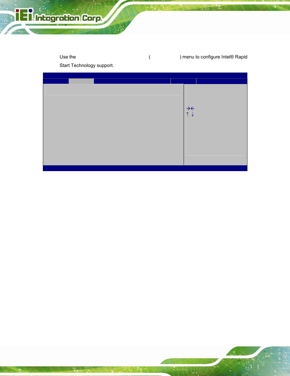 6 intel(r) rapid start technology, Bios menu 8: intel(r) rapid start technology | IEI Integration ICECEARE-10W User Manual | Page 70 / 107