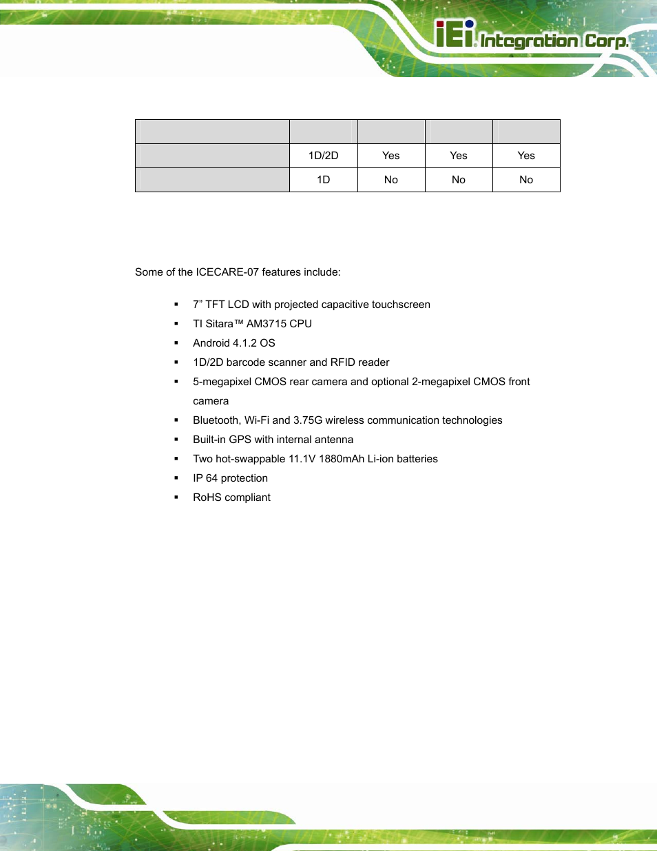 2 model variations, 3 features, Odel | Ariations, Eatures, Table 1-1: model variations | IEI Integration ICECARE 7 User Manual | Page 14 / 95