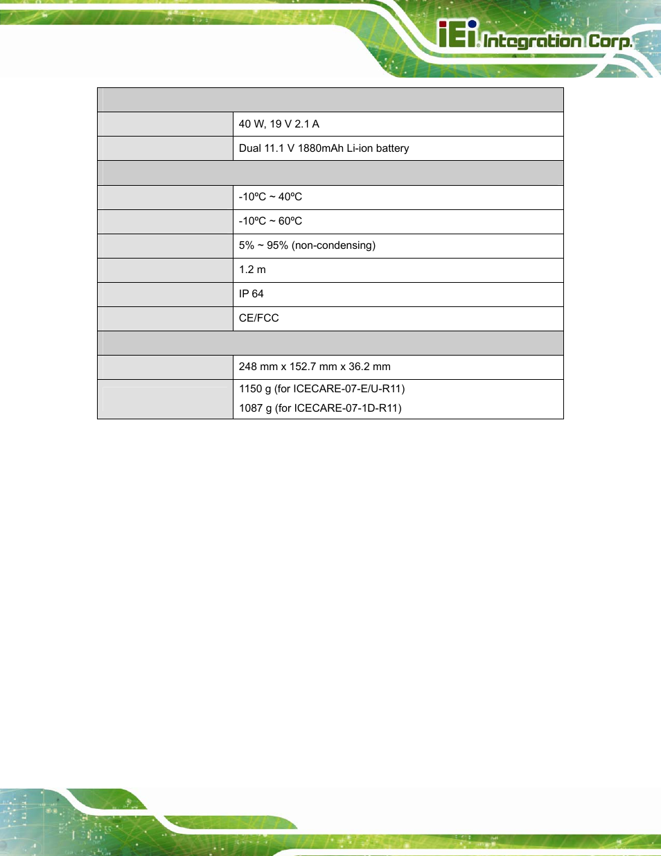 Table 1-2: technical specifications | IEI Integration ICECARE 7 User Manual | Page 20 / 95