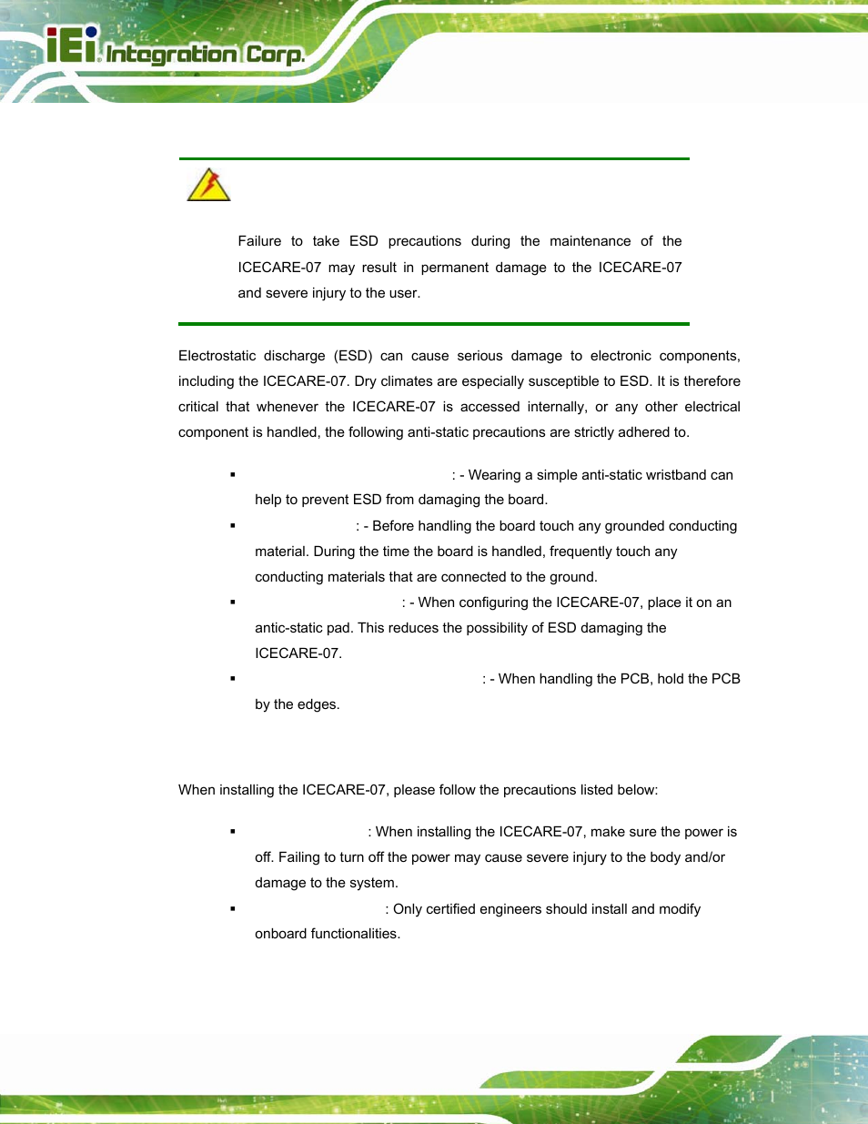 1 anti-static precautions, 2 installation precautions, Static | Recautions, Nstallation | IEI Integration ICECARE 7 User Manual | Page 27 / 95