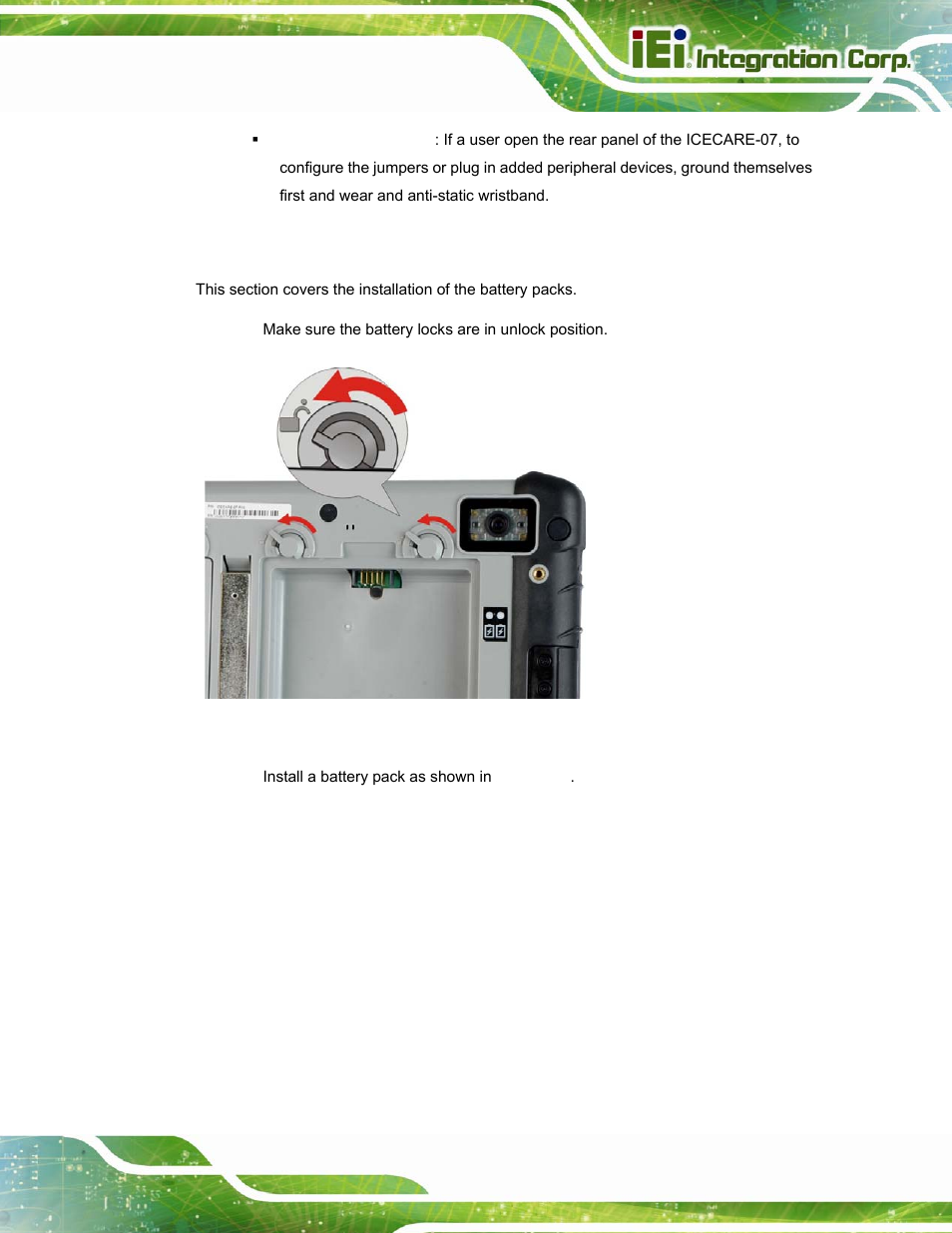 3 battery pack installation, Attery, Nstallation | Figure 3-1: release the battery locks | IEI Integration ICECARE 7 User Manual | Page 28 / 95