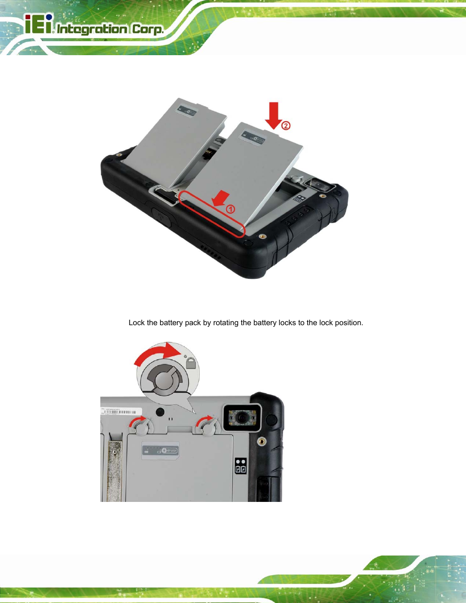 Figure 3-2: battery pack installation, Figure 3-3: lock the battery pack | IEI Integration ICECARE 7 User Manual | Page 29 / 95