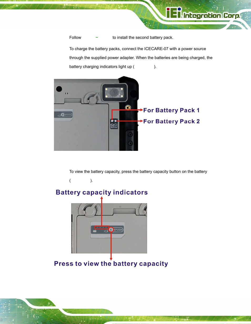 Figure 3-4: battery charging indicators, Figure 3-5: battery capacity indicators | IEI Integration ICECARE 7 User Manual | Page 30 / 95