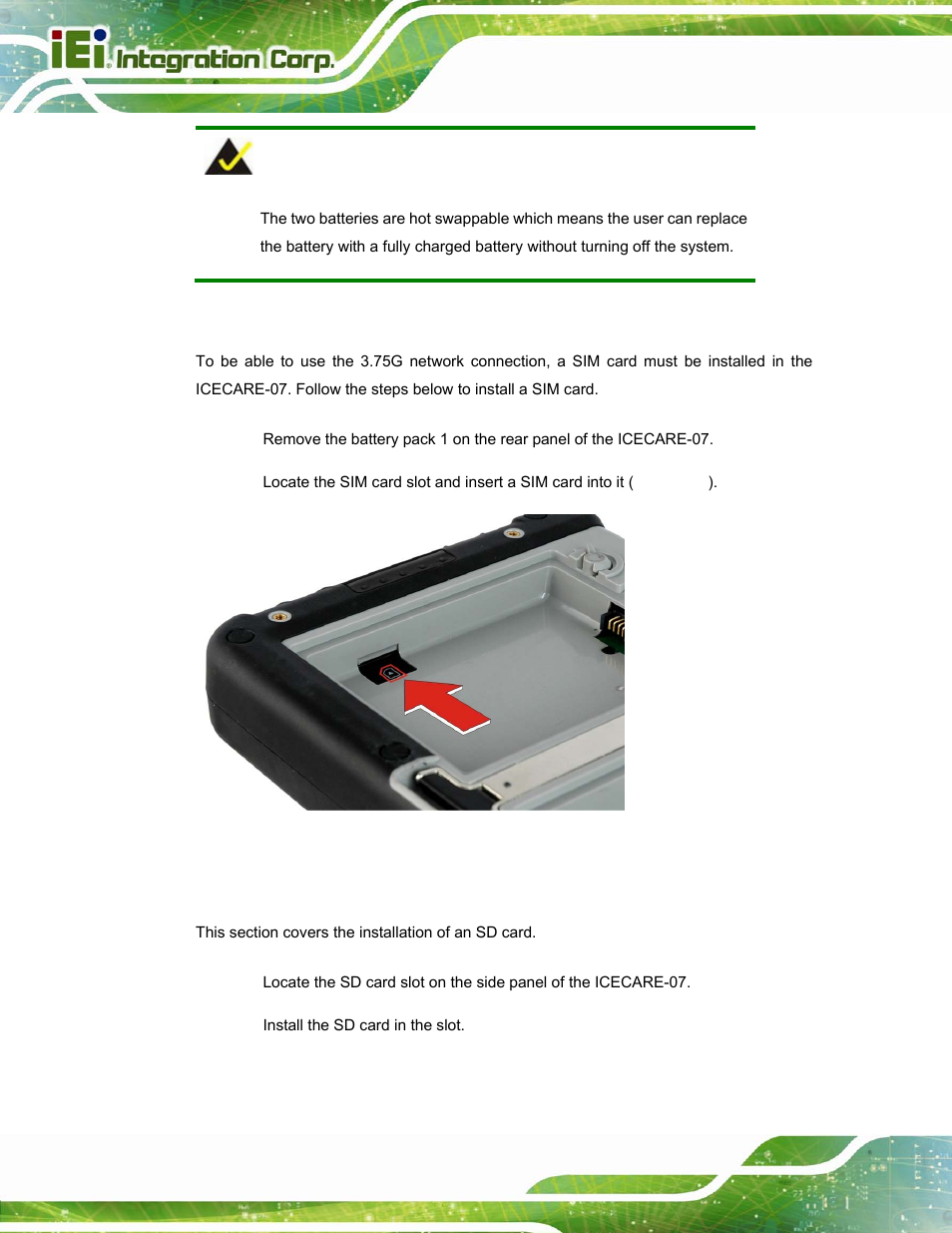 4 sim card installation (optional), 5 sd card installation, Nstallation | Ptional, Figure 3-6: sim card installation | IEI Integration ICECARE 7 User Manual | Page 31 / 95