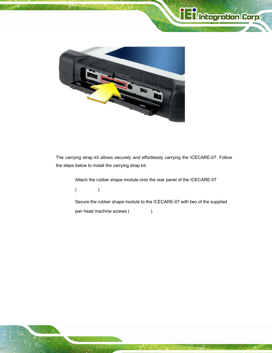 6 carrying strap kit installation, Arrying, Trap | Nstallation, Figure 3-7: sd card installation | IEI Integration ICECARE 7 User Manual | Page 32 / 95