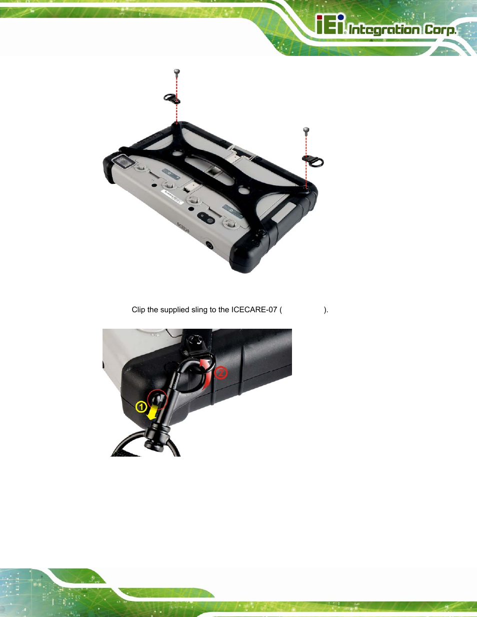 Figure 3-9: securing the buckles, Figure 3-10: clipping the sling to the icecare-07 | IEI Integration ICECARE 7 User Manual | Page 34 / 95