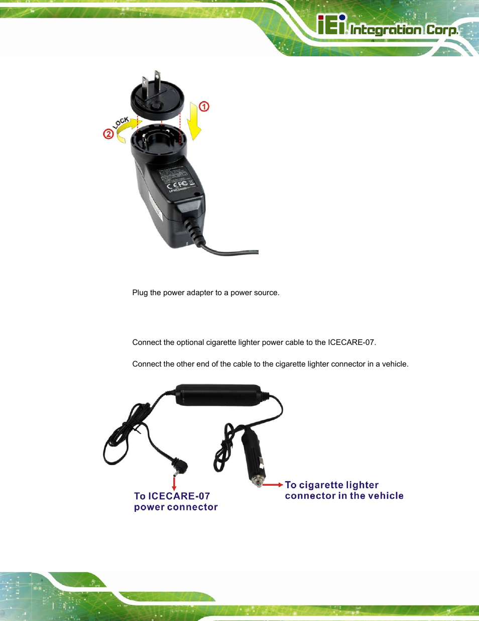 2 using the optional cigarette lighter power cable, Figure 3-15: connecting the power plug, Figure 3-16: connecting to the vehicle power | IEI Integration ICECARE 7 User Manual | Page 38 / 95