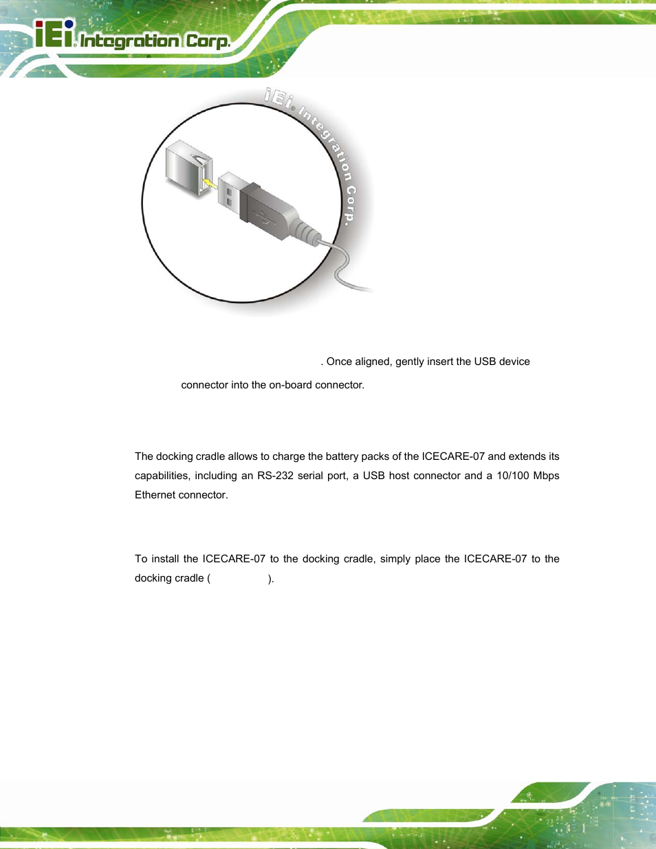 9 using the docking cradle (optional), 1 installing the icecare-07 to the docking cradle, Sing the | Ocking, Radle, Ptional, Figure 3-19: usb device connection | IEI Integration ICECARE 7 User Manual | Page 41 / 95