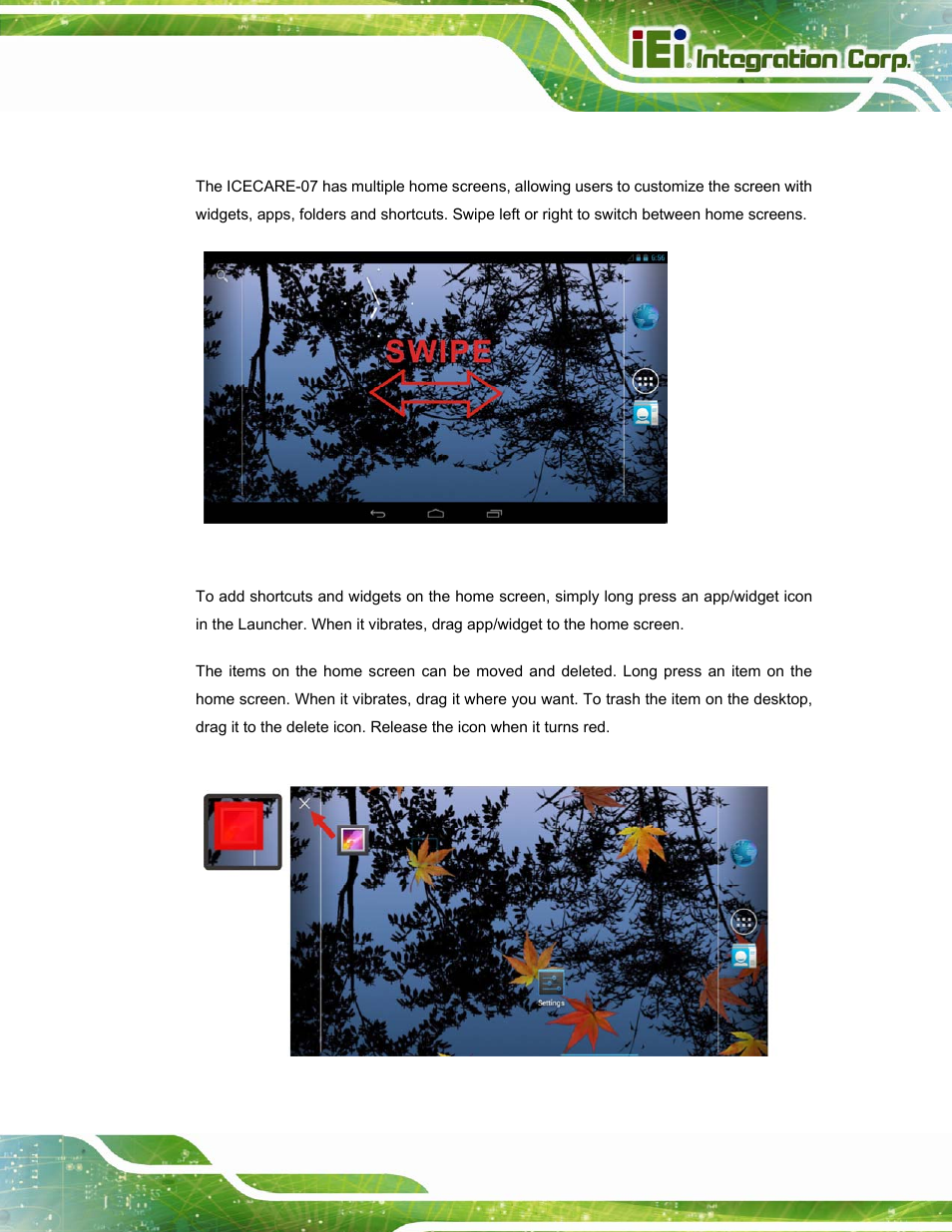 2 home screen, Creen, Figure 4-2: multiple home screens | Figure 4-3: move and trash item on home screen | IEI Integration ICECARE 7 User Manual | Page 48 / 95