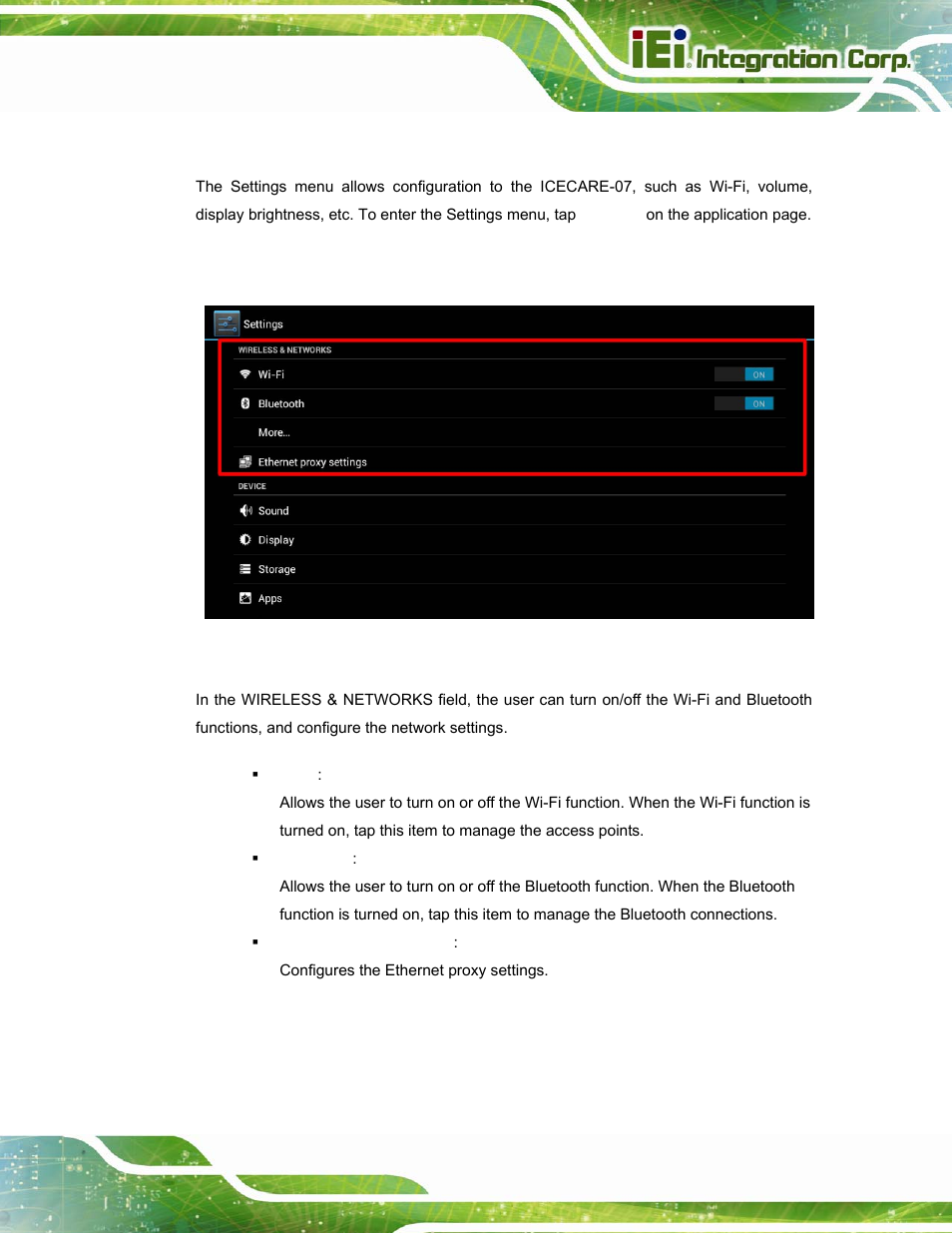 4 settings, 1 wireless & networks, Ettings | Figure 4-4: wireless and networks settings | IEI Integration ICECARE 7 User Manual | Page 50 / 95