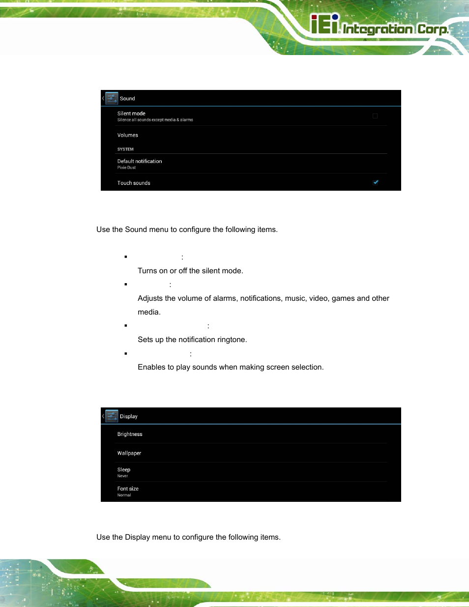 2 sound, 3 display, Figure 4-6: sound menu | Figure 4-7: display menu | IEI Integration ICECARE 7 User Manual | Page 52 / 95