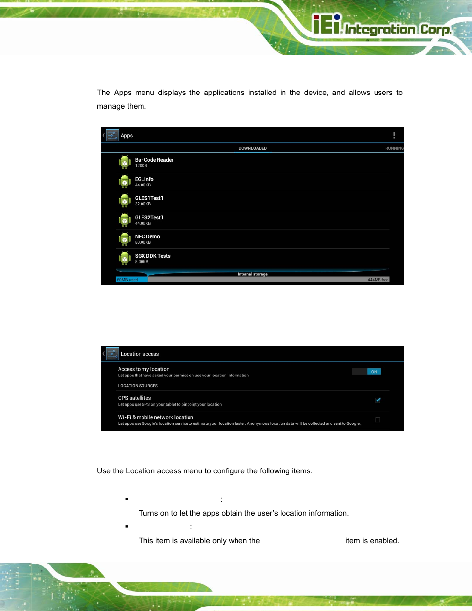 5 apps, 6 location access, Figure 4-9: apps menu | Figure 4-10: location access menu | IEI Integration ICECARE 7 User Manual | Page 54 / 95