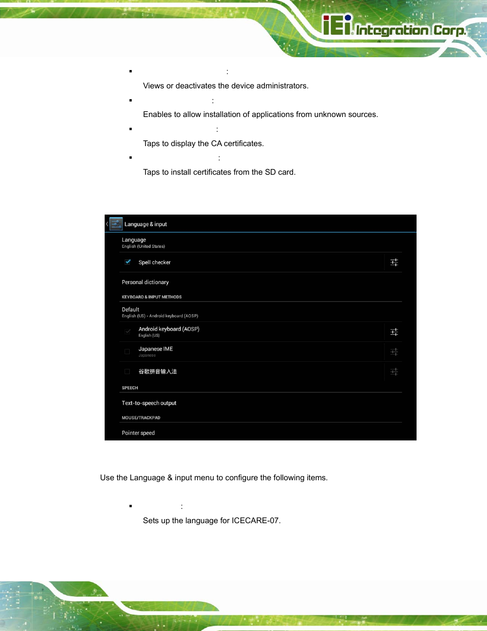 8 language & input, Figure 4-12: language & input menu | IEI Integration ICECARE 7 User Manual | Page 56 / 95