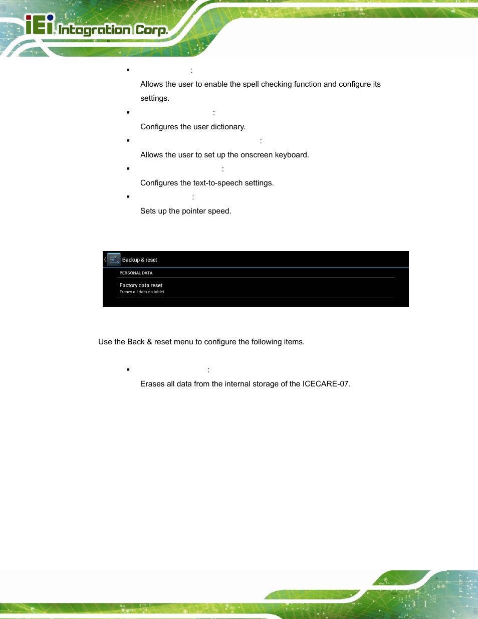9 backup & reset, Figure 4-13: backup & reset menu | IEI Integration ICECARE 7 User Manual | Page 57 / 95