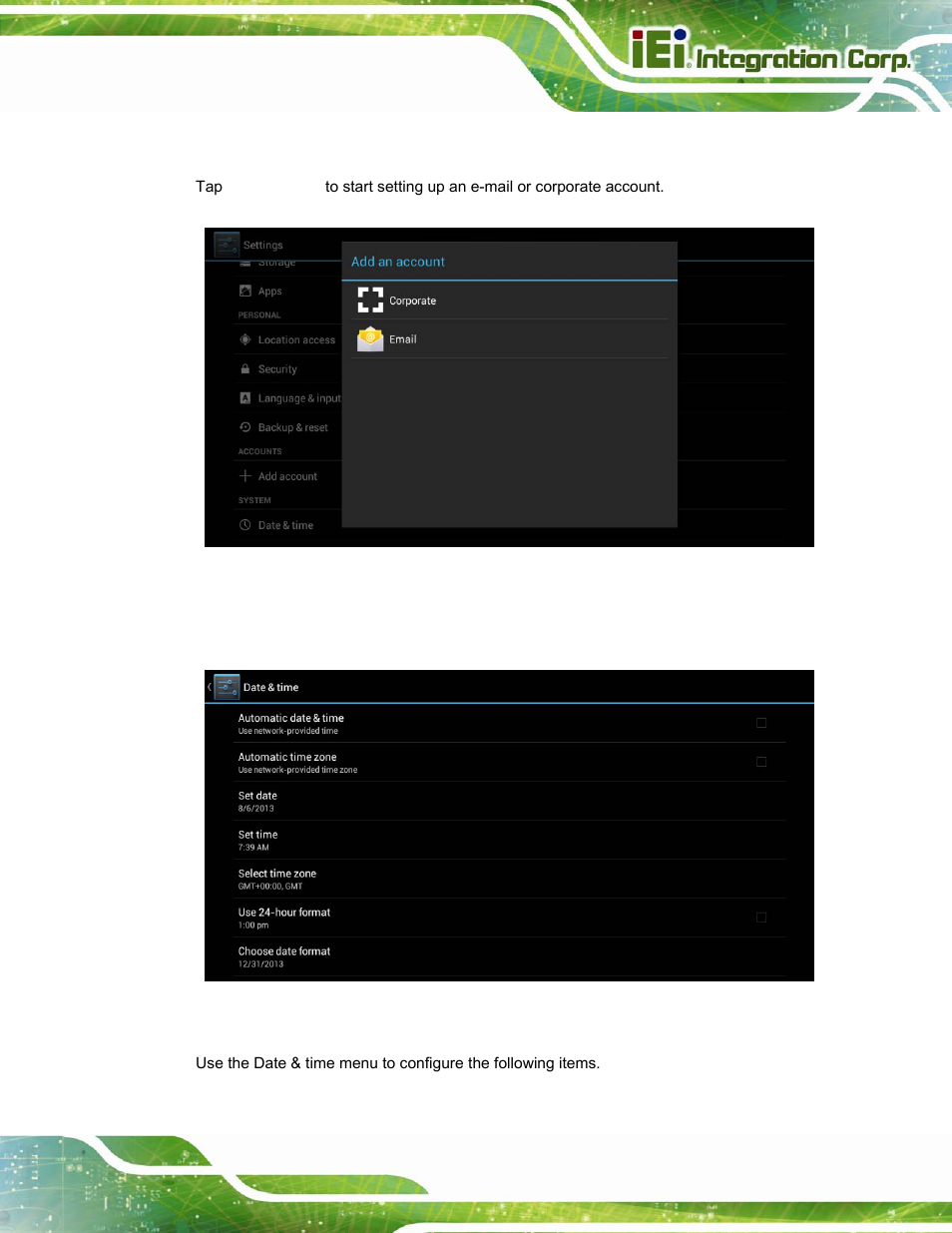 10 add account, 11 date & time, Figure 4-14: add account menu | Figure 4-15: date & time menu | IEI Integration ICECARE 7 User Manual | Page 58 / 95