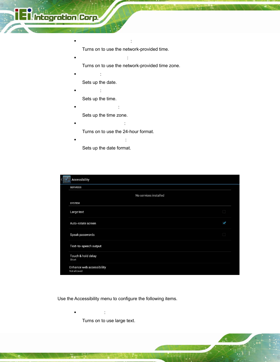 12 accessibility, Figure 4-16: accessibility menu | IEI Integration ICECARE 7 User Manual | Page 59 / 95