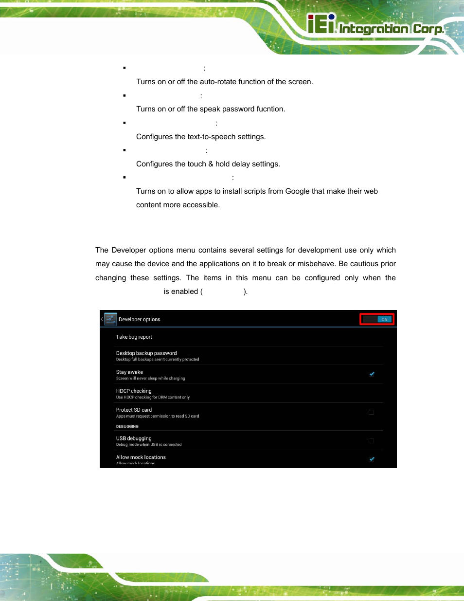 13 developer options, Figure 4-17: developer options menu | IEI Integration ICECARE 7 User Manual | Page 60 / 95