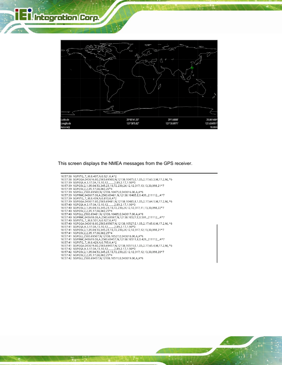 4 nmea messages from the gps receiver, Figure 4-27: current location in world map view, Figure 4-28: nmea messages | IEI Integration ICECARE 7 User Manual | Page 69 / 95