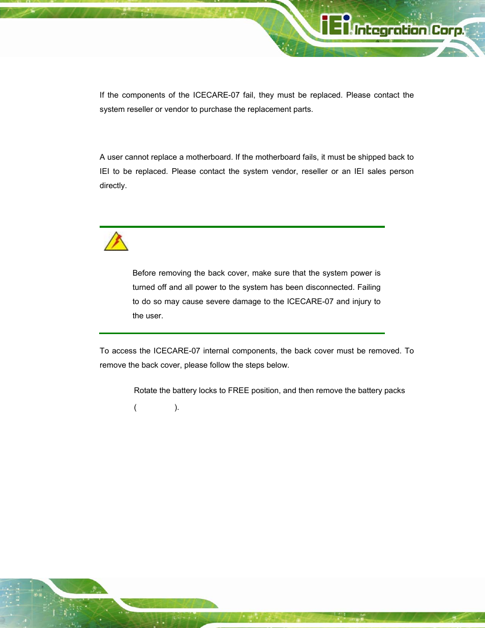 1 system maintenance introduction, 2 motherboard replacement, 3 back cover removal | Ystem, Aintenance, Ntroduction, Otherboard, Eplacement, Over, Emoval | IEI Integration ICECARE 7 User Manual | Page 74 / 95