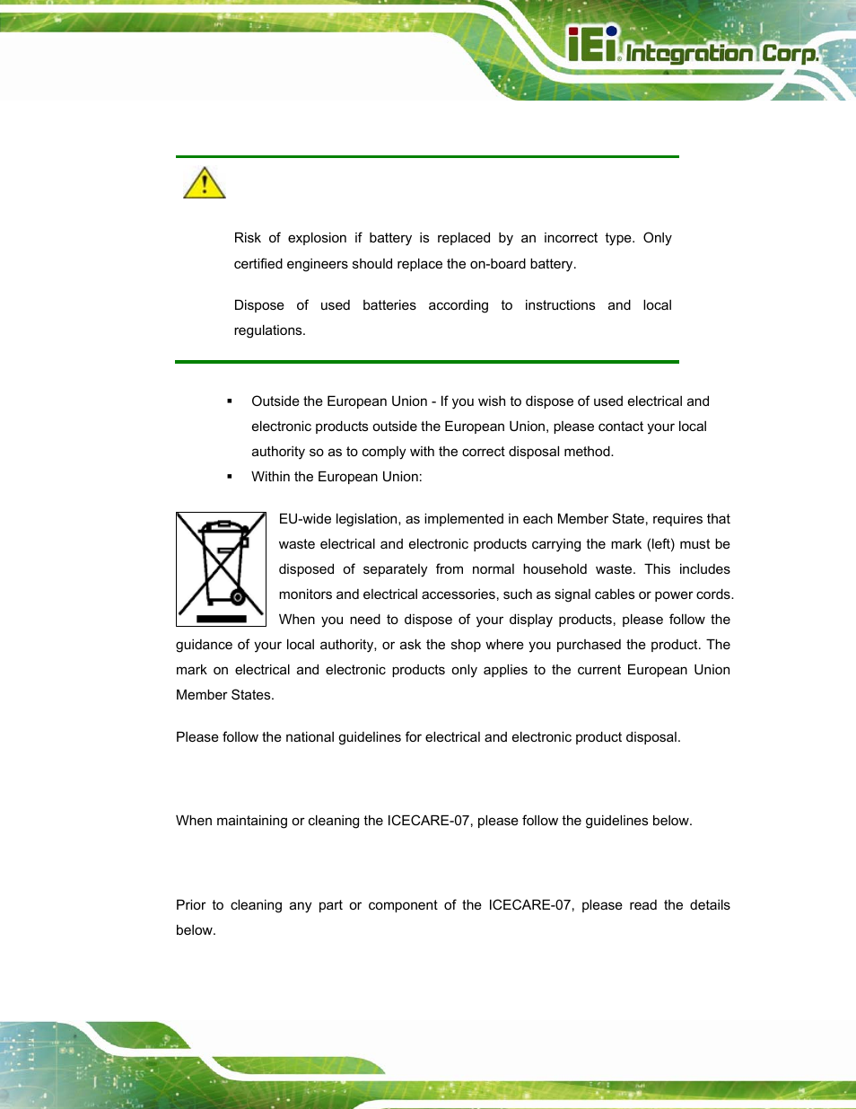 A.1.3 product disposal, A.2 maintenance and cleaning precautions, A.2.1 maintenance and cleaning | Aintenance and, Leaning, Recautions | IEI Integration ICECARE 7 User Manual | Page 90 / 95