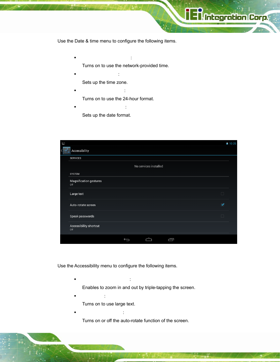 14 accessibility, Figure 4-27: accessibility menu | IEI Integration ICELOG 7 User Manual | Page 50 / 68