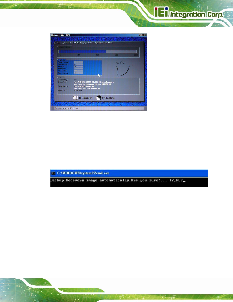 Figure b-26: building the auto recovery partition, Figure b-27: factory default image confirmation | IEI Integration AVL-3000 User Manual | Page 123 / 151