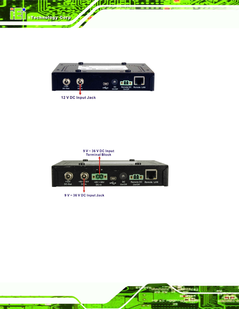 1 aups-a10 power input connector, 2 aups-a20 power input connectors, Figure 1-3: aups-a10 power input connector | Figure 1-4: aups-a20 power input connectors | IEI Integration AUPS-AB10-20 v1.00 User Manual | Page 15 / 50